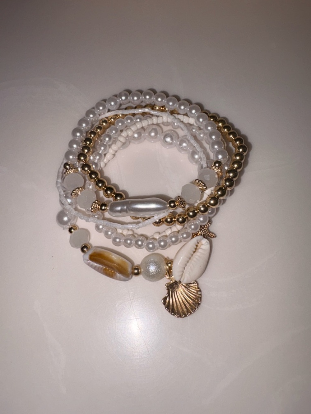 White Gold Shell Beaded Bracelet Set Beach Charm Stack Stretch - Picture 4 of 4
